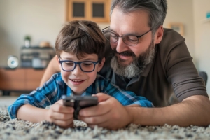 Papà e figlio che guardano insieme uno smartphone in atteggiamento rilassato e confidente