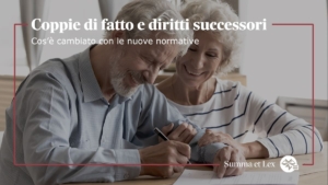 Convivenze di fatto: coppia di mezza età che firma soddisfatta un documento.