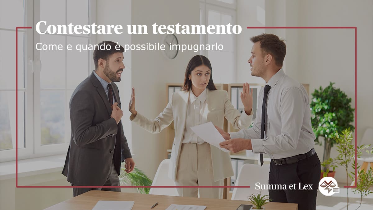 Persone che discutono durante la contestazione di un testamento, con l'avvocato che fa da mediatore.